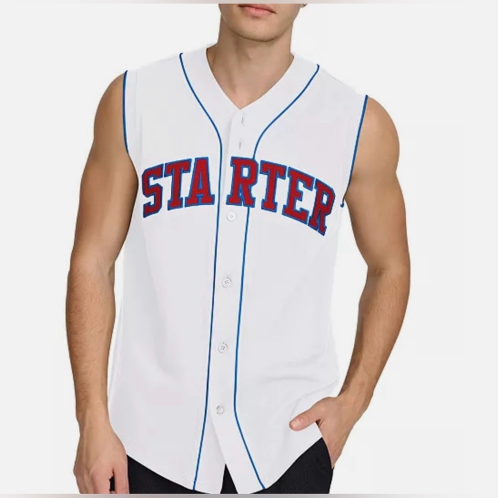 Starter Men's Logo Embroidered Sleeveless Button-Down Baseball Jersey White- NWT - Picture 1 of 5